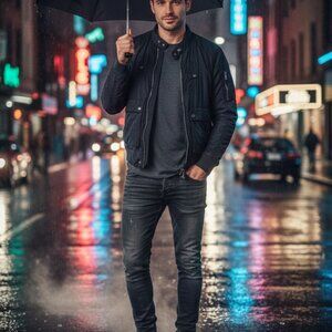 Zara Man Black/Navy Quilted Bomber Jacket - Moto Style